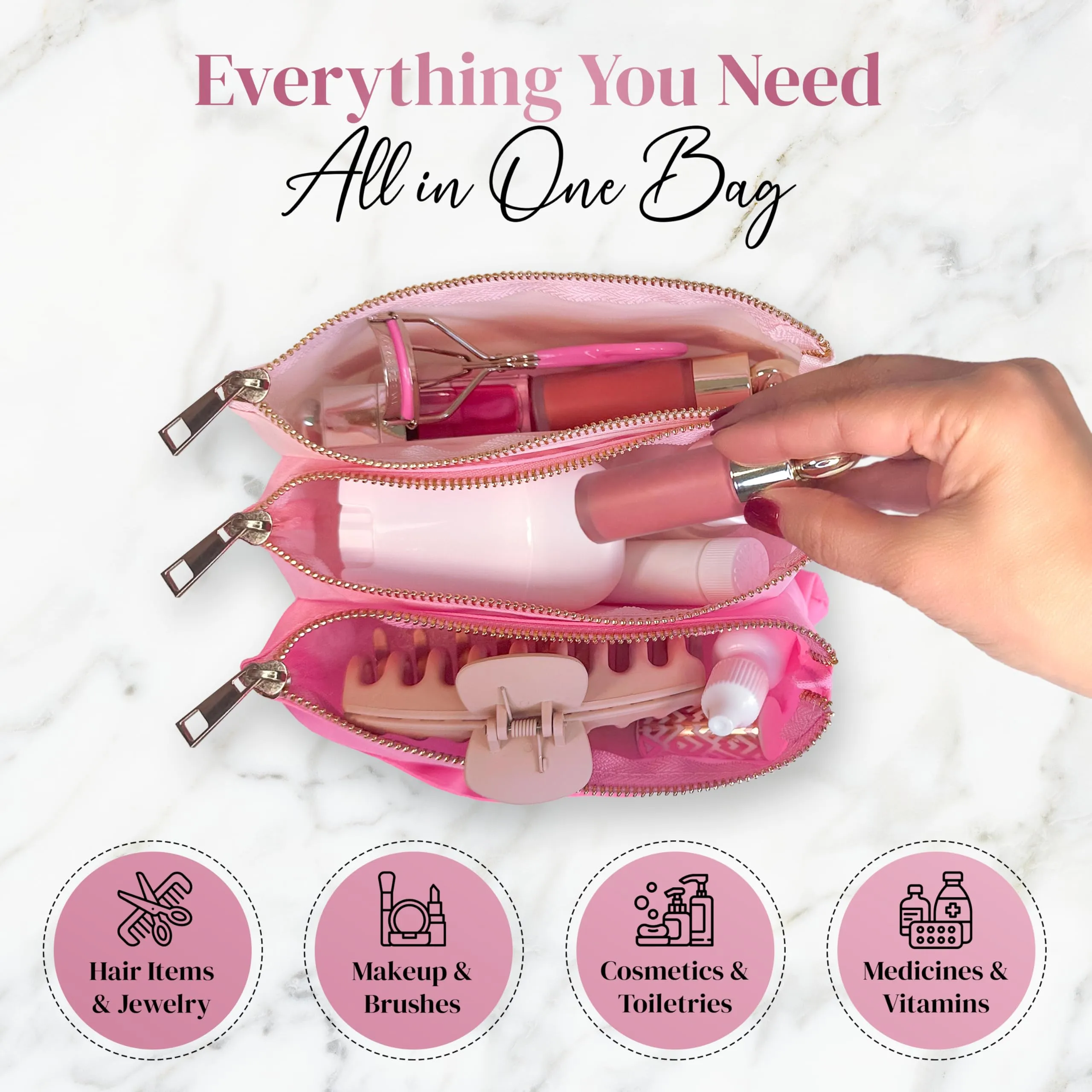 BOBBIE BAGS Accordion Makeup Bag, Travel Makeup Bag with 3 Compartments, Multi-Pouch Cosmetic Bags, Toiletry Bag for Women, Make up Accessories Organizer, Zipper Pouch Pink Preppy Stuff
