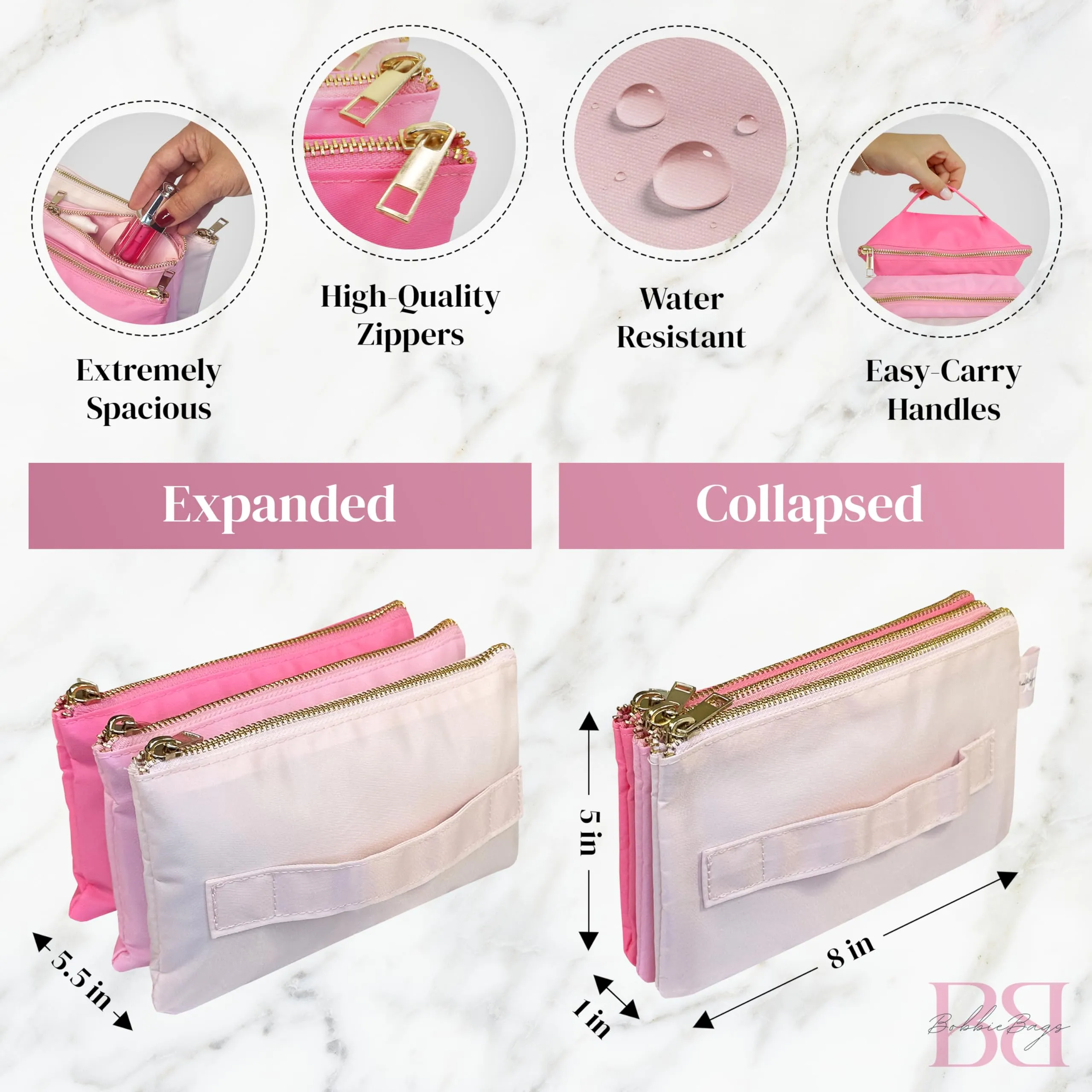 BOBBIE BAGS Accordion Makeup Bag, Travel Makeup Bag with 3 Compartments, Multi-Pouch Cosmetic Bags, Toiletry Bag for Women, Make up Accessories Organizer, Zipper Pouch Pink Preppy Stuff