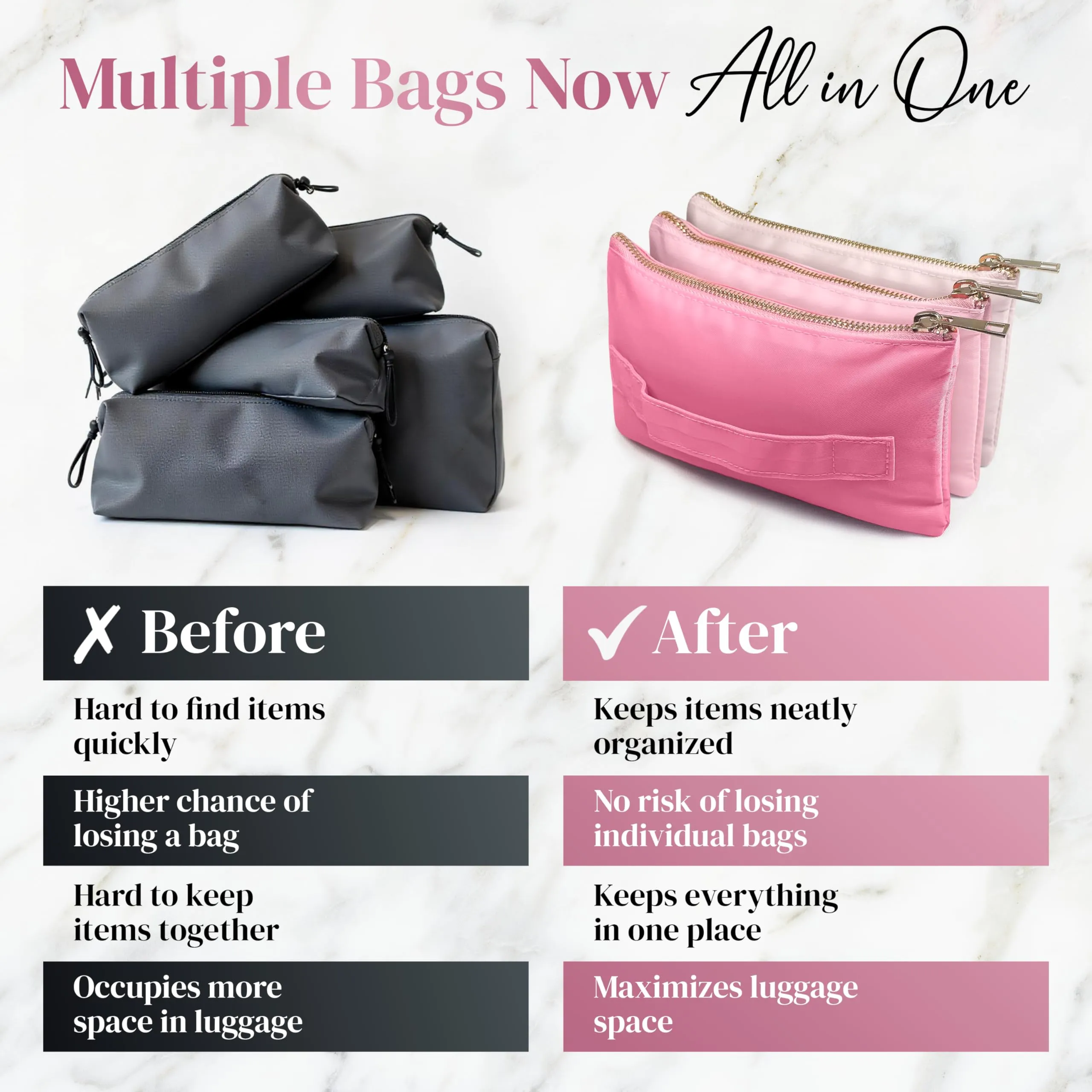 BOBBIE BAGS Accordion Makeup Bag, Travel Makeup Bag with 3 Compartments, Multi-Pouch Cosmetic Bags, Toiletry Bag for Women, Make up Accessories Organizer, Zipper Pouch Pink Preppy Stuff