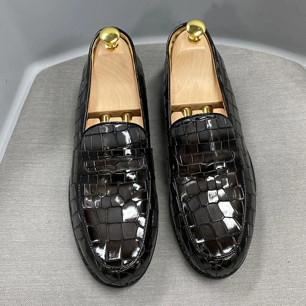 Brand Design Luxury Mens Penny Loafer Genuine Cow Leather Male Dress Shoes Round Toe Alligator Print Wedding Party Shoes for Men
