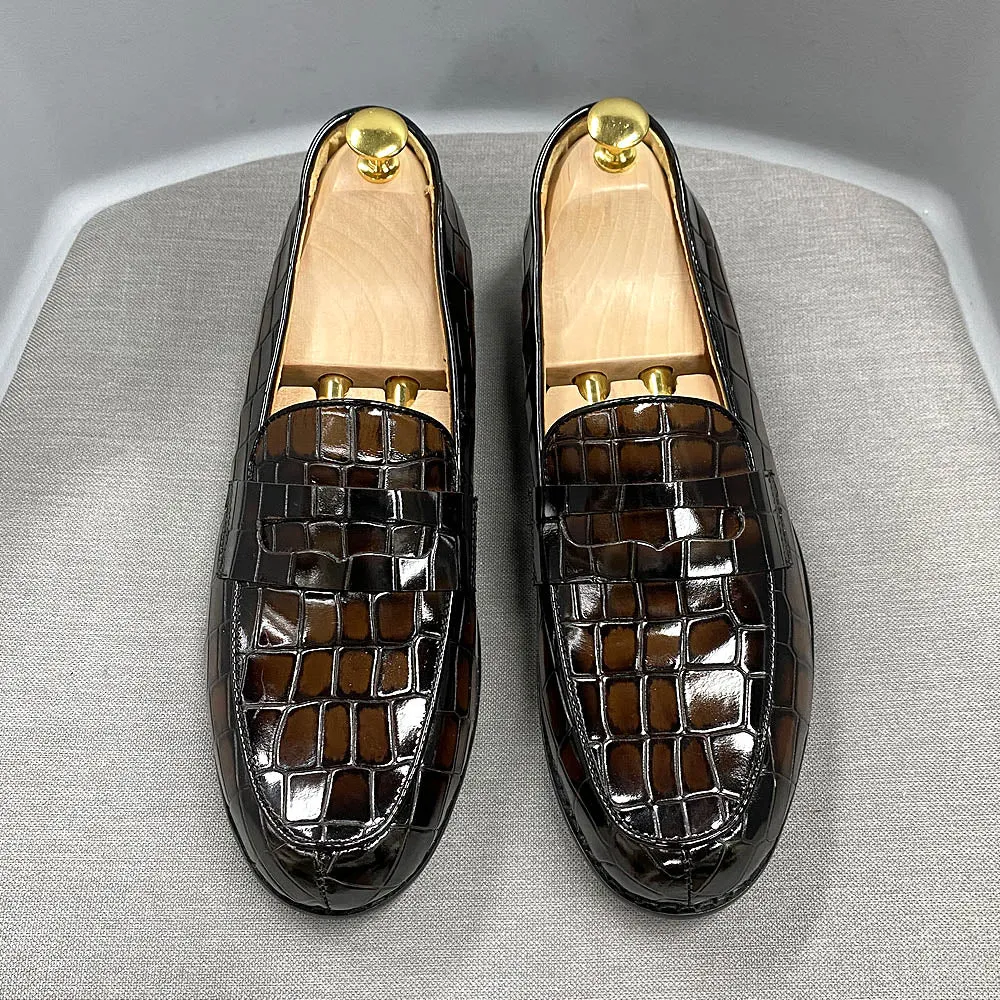Brand Design Luxury Mens Penny Loafer Genuine Cow Leather Male Dress Shoes Round Toe Alligator Print Wedding Party Shoes for Men