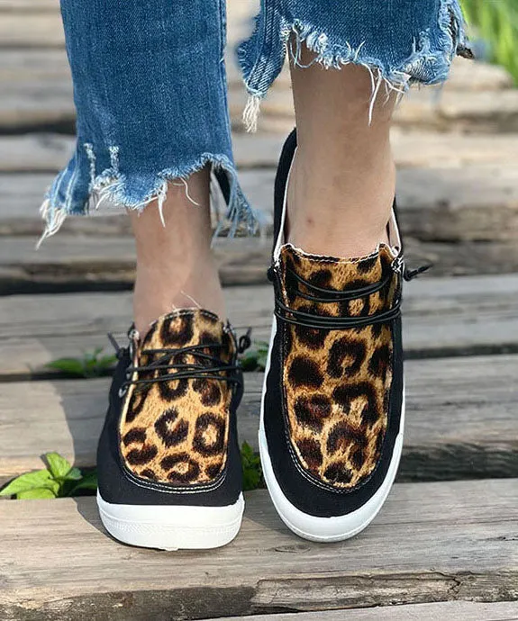 Casual Black Leopard Print Flat Feet Shoes Splicing Lace Up Flat Feet Shoes