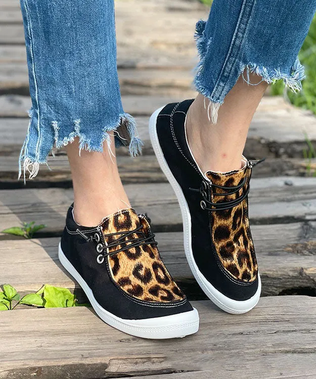 Casual Black Leopard Print Flat Feet Shoes Splicing Lace Up Flat Feet Shoes