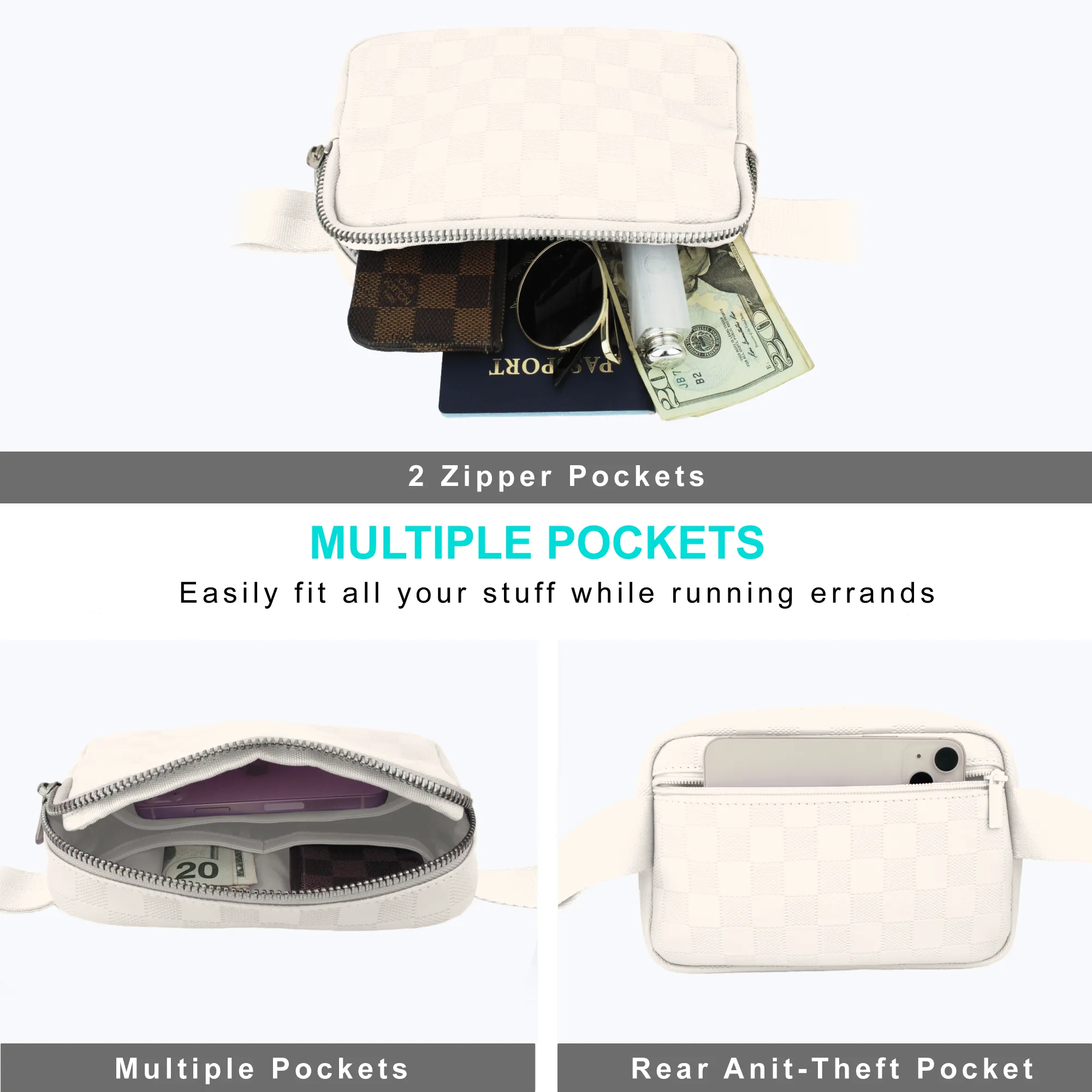 Checkered Belt Bag - White Fanny Pack For Women - Crossbody Waist Bag