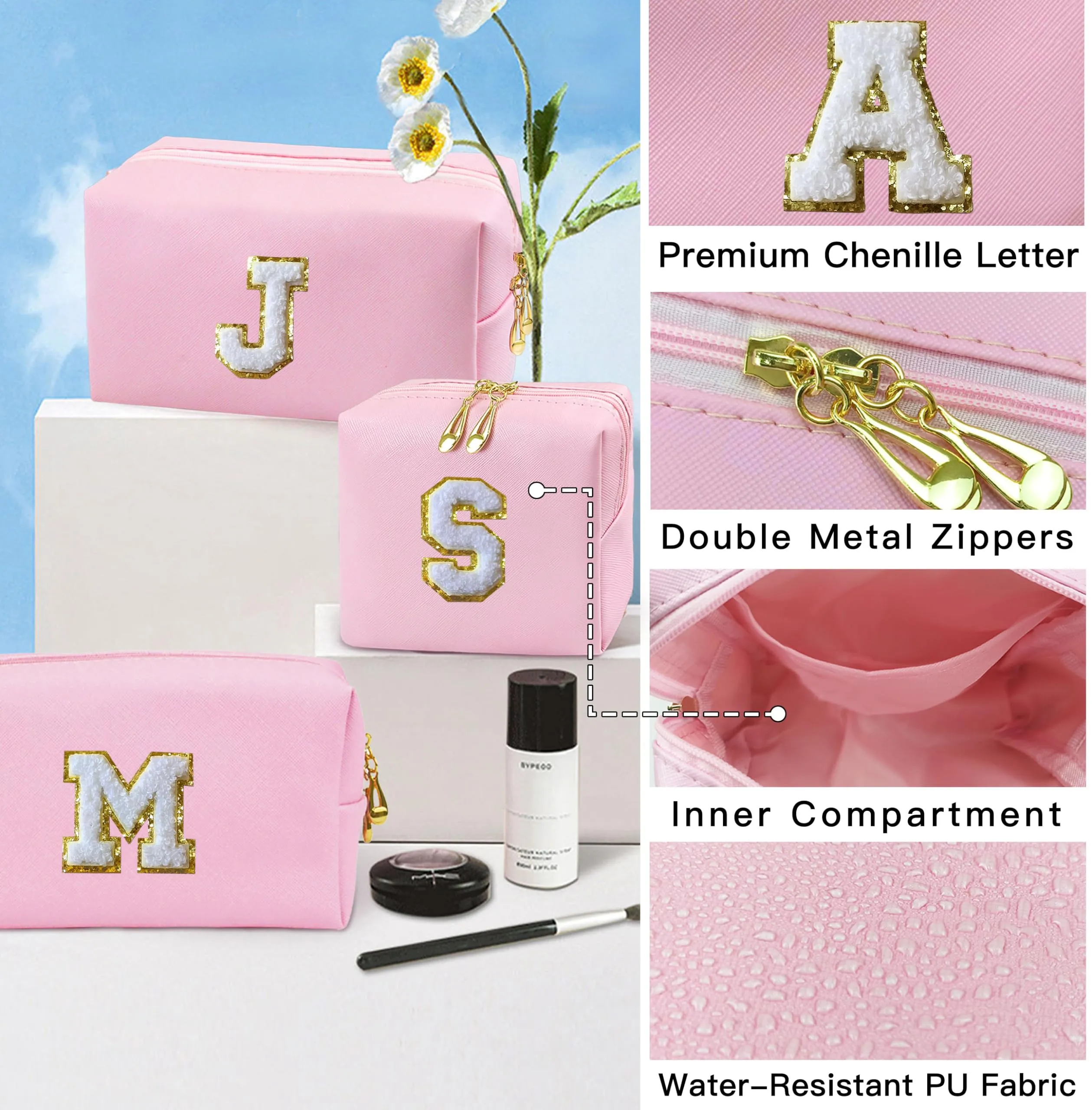 COSHAYSOO Initial Makeup Bag Set of 2 Small Cosmetic Period Pouch Sanitary Napkin Storage with Monogrammed Letter Patch for Teenage Girl Sister Her Valentines Mothers Day Traveling Gift Pink S