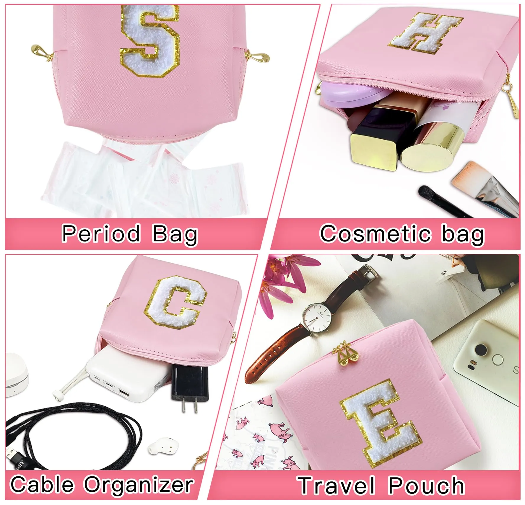 COSHAYSOO Initial Makeup Bag Set of 2 Small Cosmetic Period Pouch Sanitary Napkin Storage with Monogrammed Letter Patch for Teenage Girl Sister Her Valentines Mothers Day Traveling Gift Pink S