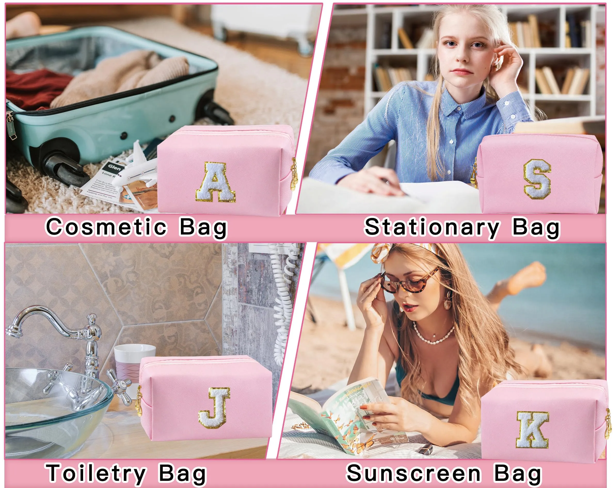 COSHAYSOO Initial Makeup Bag Set of 2 Small Cosmetic Period Pouch Sanitary Napkin Storage with Monogrammed Letter Patch for Teenage Girl Sister Her Valentines Mothers Day Traveling Gift Pink S