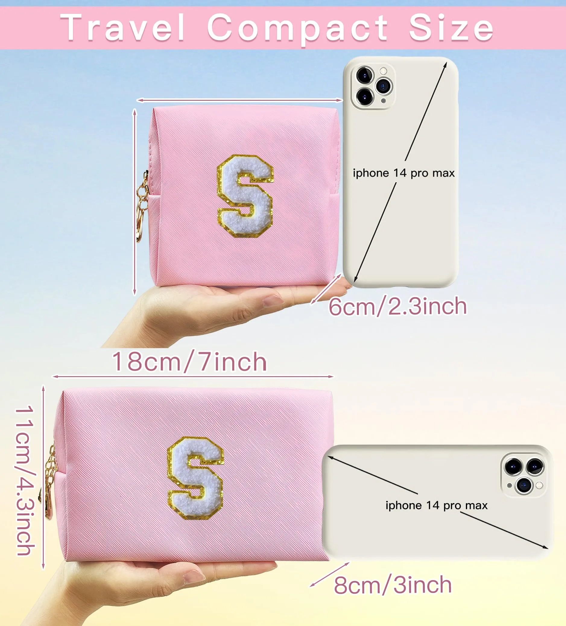 COSHAYSOO Initial Makeup Bag Set of 2 Small Cosmetic Period Pouch Sanitary Napkin Storage with Monogrammed Letter Patch for Teenage Girl Sister Her Valentines Mothers Day Traveling Gift Pink S
