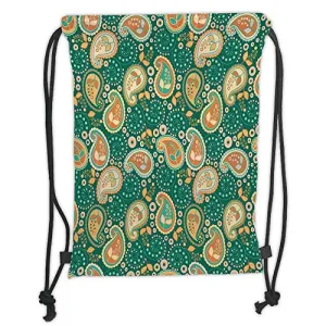 Custom Printed Drawstring Sack Backpacks Bags,Ethnic,Ethnic Paisley Leaves with Arabesque Folkloric