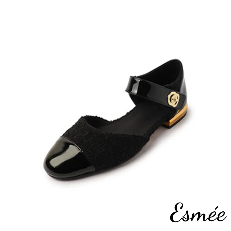 Fabrics Flats with Patent Leather Toe Cap and Ankle Straps