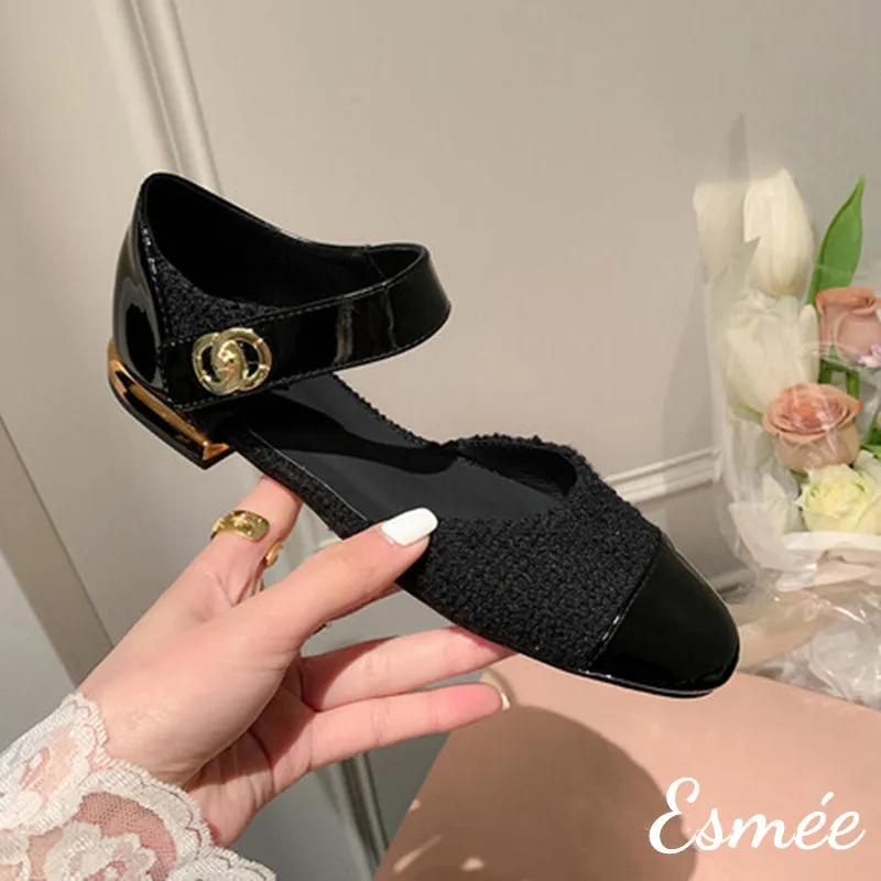 Fabrics Flats with Patent Leather Toe Cap and Ankle Straps