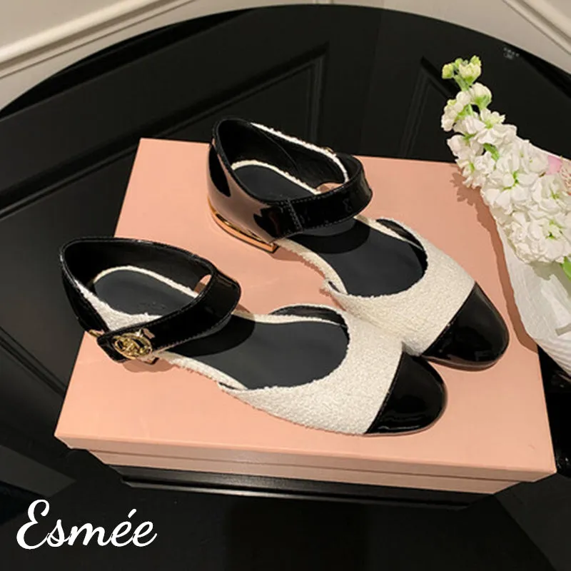 Fabrics Flats with Patent Leather Toe Cap and Ankle Straps