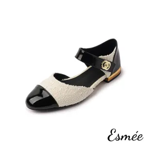 Fabrics Flats with Patent Leather Toe Cap and Ankle Straps