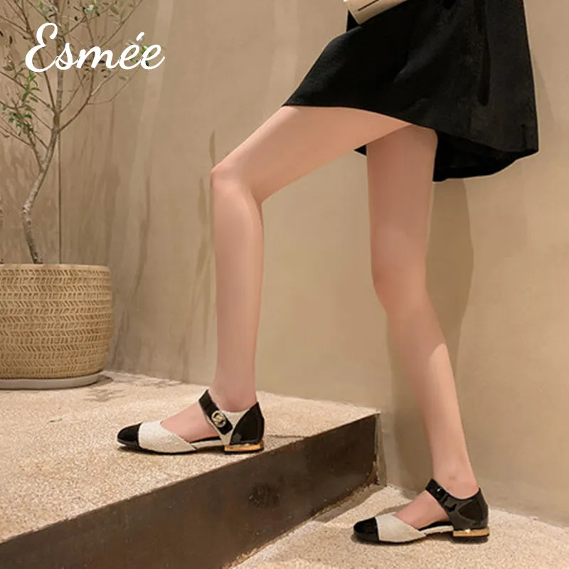 Fabrics Flats with Patent Leather Toe Cap and Ankle Straps