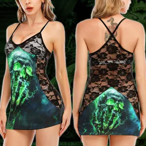 Green Flaming Skull Art Women's Black Lace Cami Dress Babydolls Nightgowns