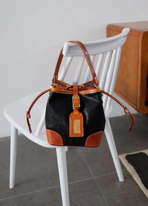 Italian Luxury Cowhide Leather Drawstring Bucket Bag,  Handcrafted High-End Colliding Colours Genuine Leather Shoulder Bag Women
