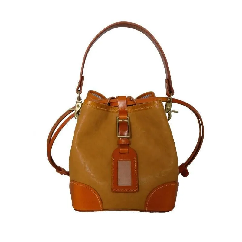 Italian Luxury Cowhide Leather Drawstring Bucket Bag,  Handcrafted High-End Colliding Colours Genuine Leather Shoulder Bag Women