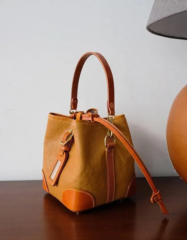 Italian Luxury Cowhide Leather Drawstring Bucket Bag,  Handcrafted High-End Colliding Colours Genuine Leather Shoulder Bag Women