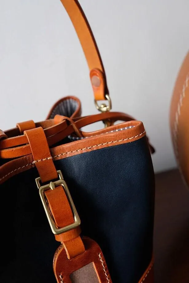 Italian Luxury Cowhide Leather Drawstring Bucket Bag,  Handcrafted High-End Colliding Colours Genuine Leather Shoulder Bag Women