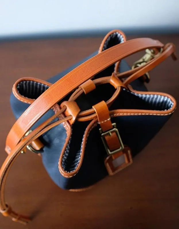 Italian Luxury Cowhide Leather Drawstring Bucket Bag,  Handcrafted High-End Colliding Colours Genuine Leather Shoulder Bag Women