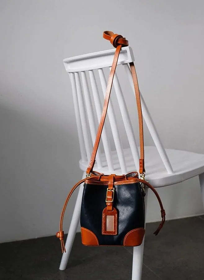Italian Luxury Cowhide Leather Drawstring Bucket Bag,  Handcrafted High-End Colliding Colours Genuine Leather Shoulder Bag Women