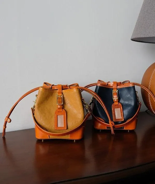 Italian Luxury Cowhide Leather Drawstring Bucket Bag,  Handcrafted High-End Colliding Colours Genuine Leather Shoulder Bag Women
