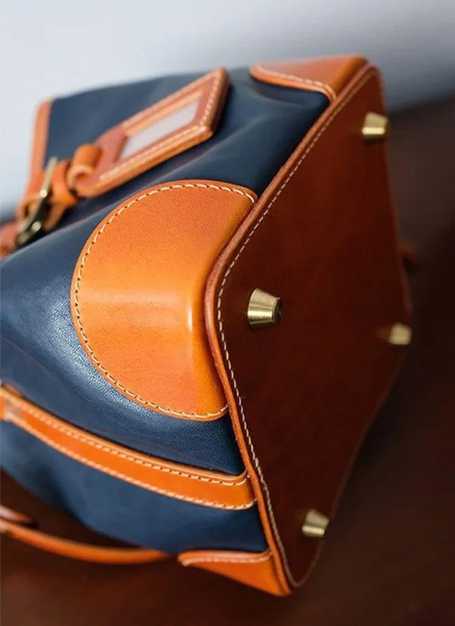 Italian Luxury Cowhide Leather Drawstring Bucket Bag,  Handcrafted High-End Colliding Colours Genuine Leather Shoulder Bag Women