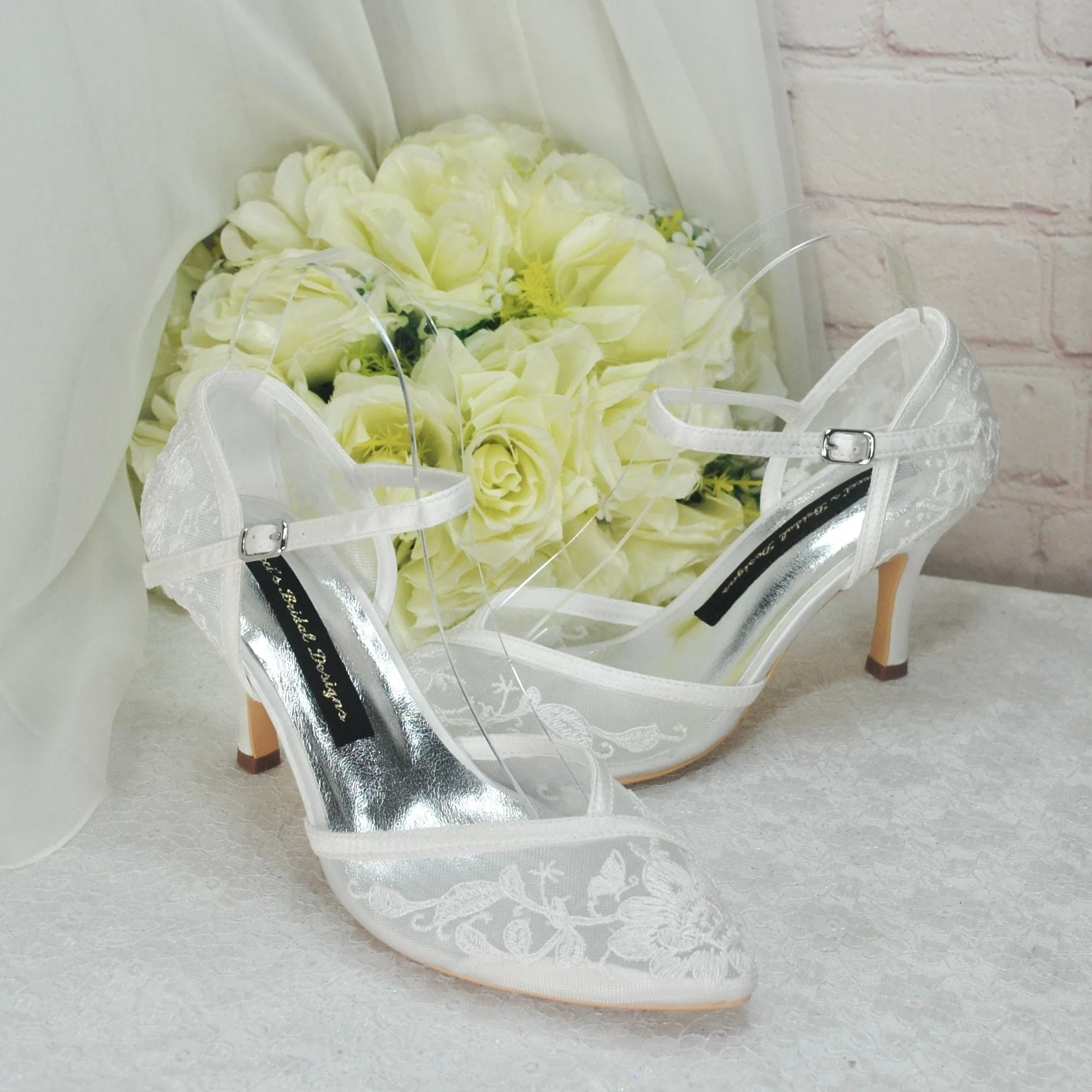 Ivory Block Heel or Low Kitten Heel Wedding Shoes with Floral Lace Appliqué