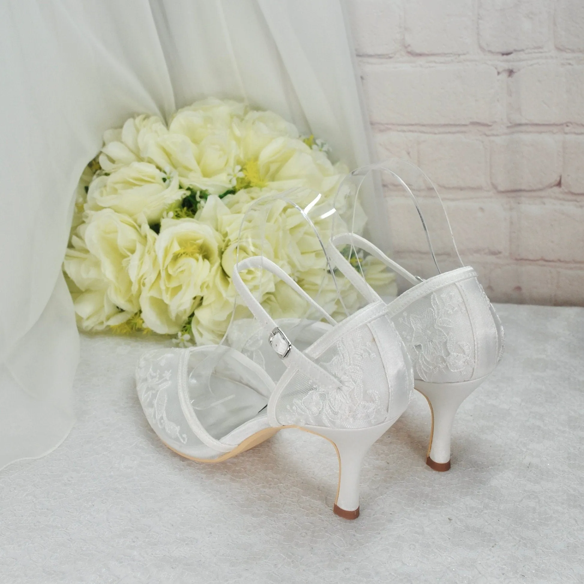 Ivory Block Heel or Low Kitten Heel Wedding Shoes with Floral Lace Appliqué