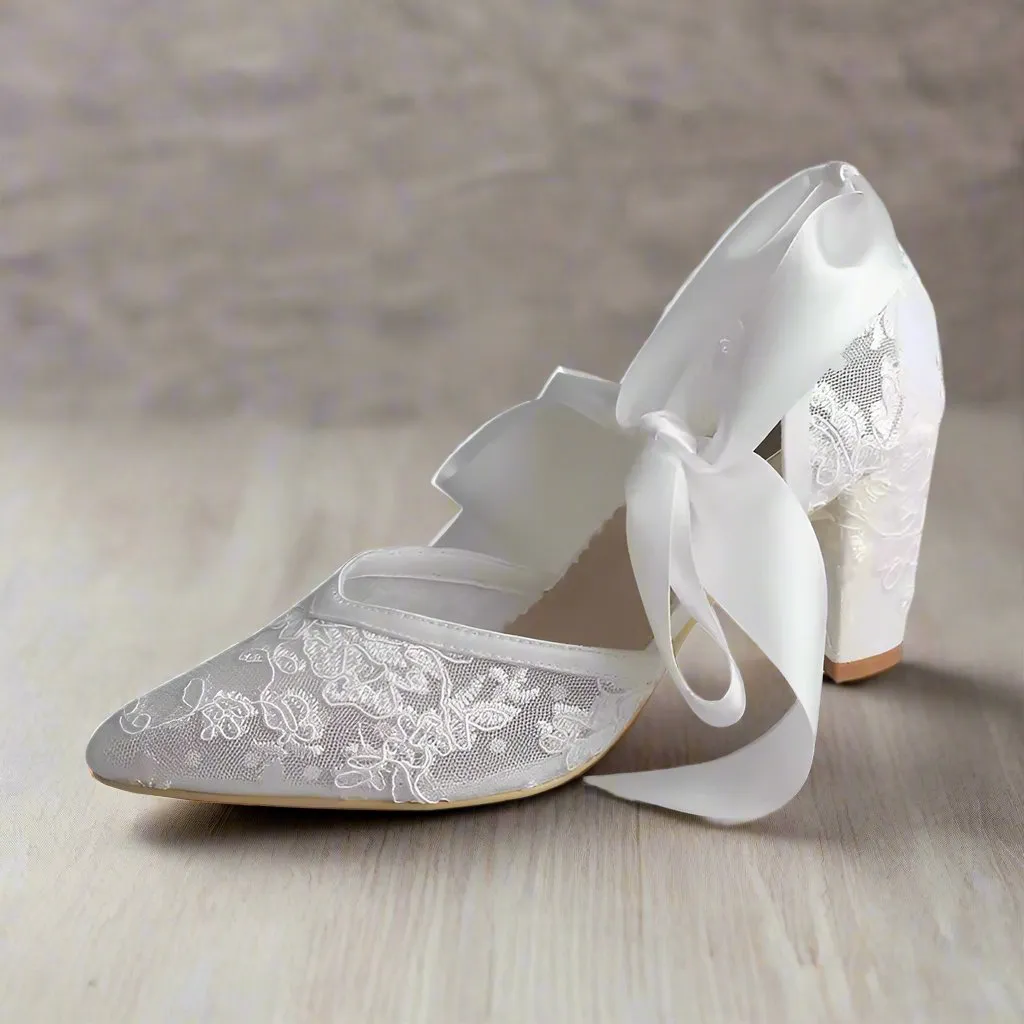 Ivory Block Heel or Low Kitten Heel Wedding Shoes with Floral Lace Appliqué
