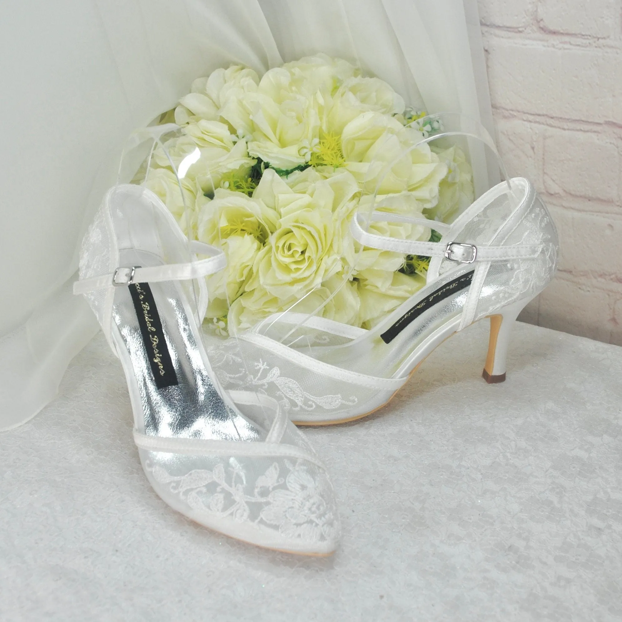 Ivory Block Heel or Low Kitten Heel Wedding Shoes with Floral Lace Appliqué