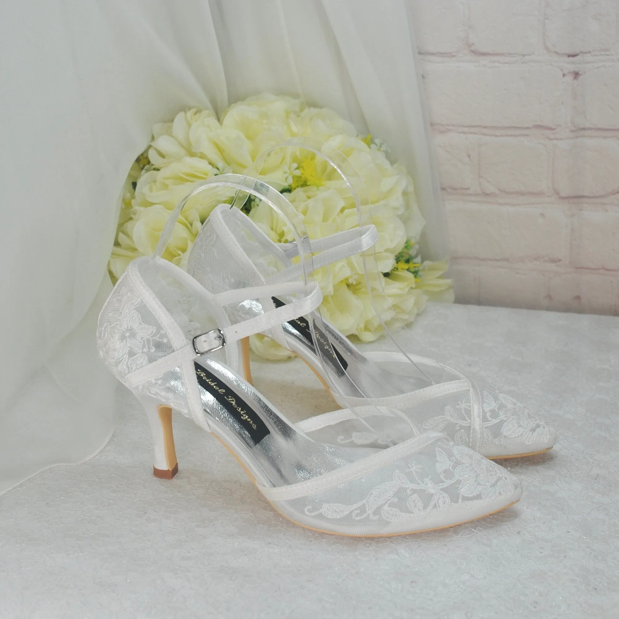Ivory Block Heel or Low Kitten Heel Wedding Shoes with Floral Lace Appliqué
