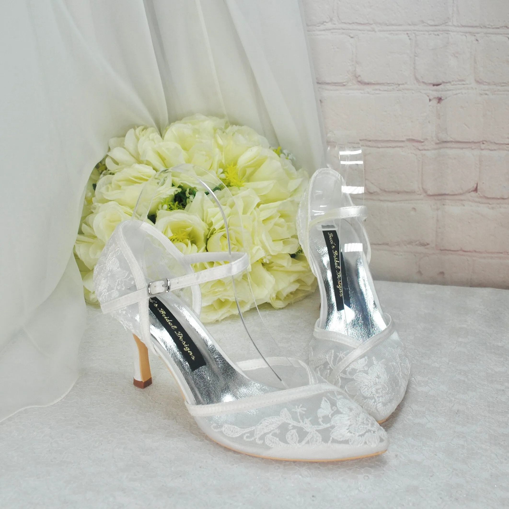 Ivory Block Heel or Low Kitten Heel Wedding Shoes with Floral Lace Appliqué