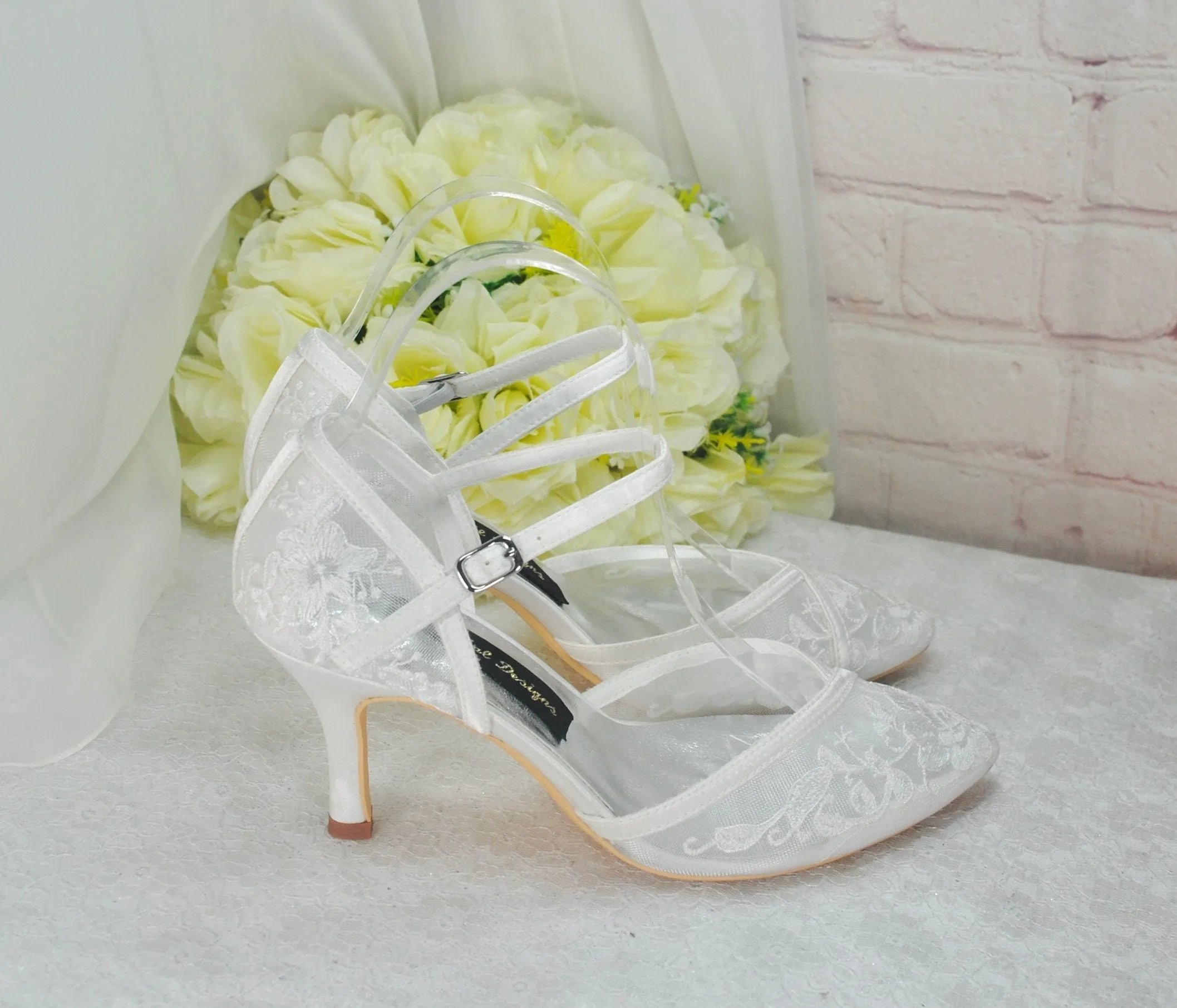 Ivory Block Heel or Low Kitten Heel Wedding Shoes with Floral Lace Appliqué