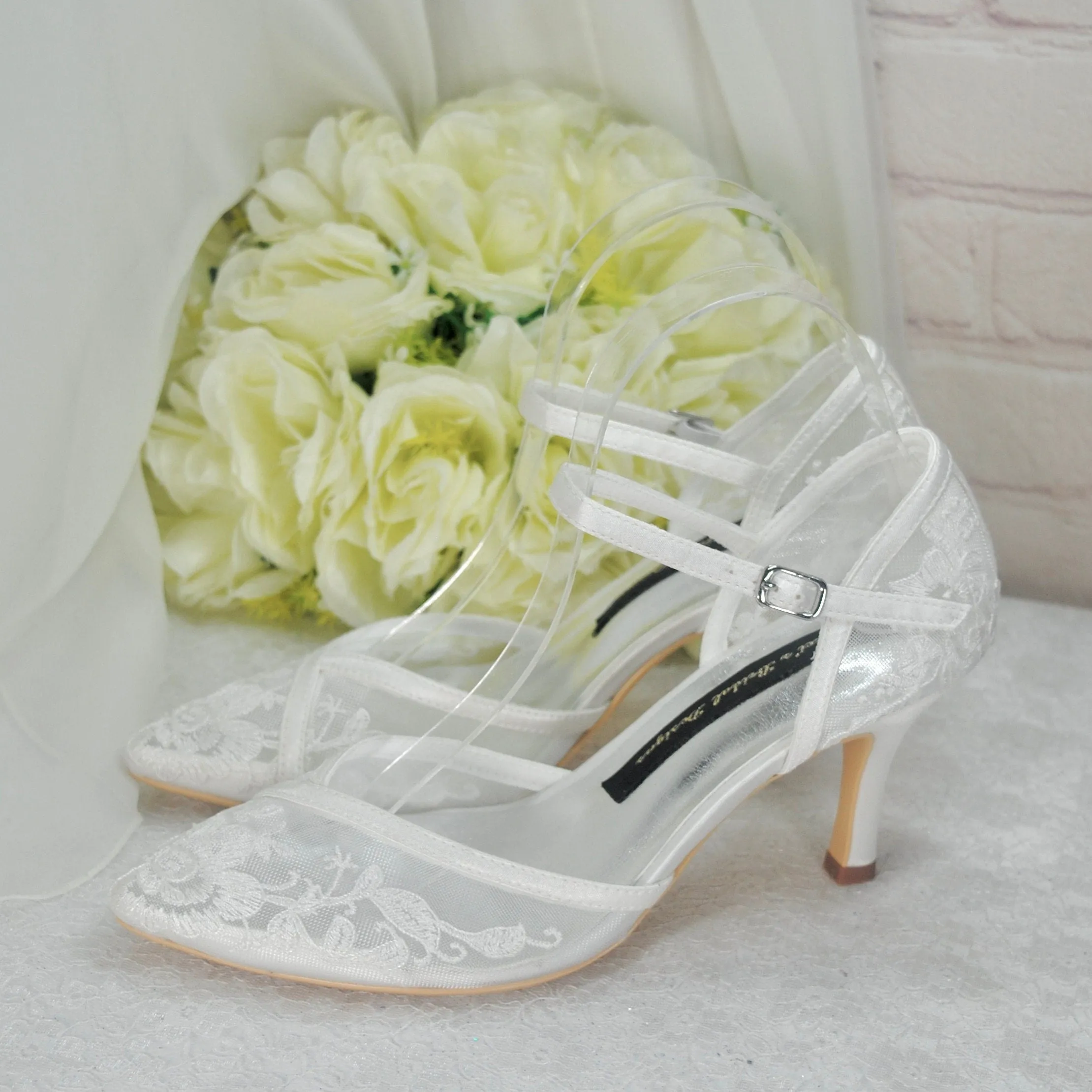 Ivory Block Heel or Low Kitten Heel Wedding Shoes with Floral Lace Appliqué