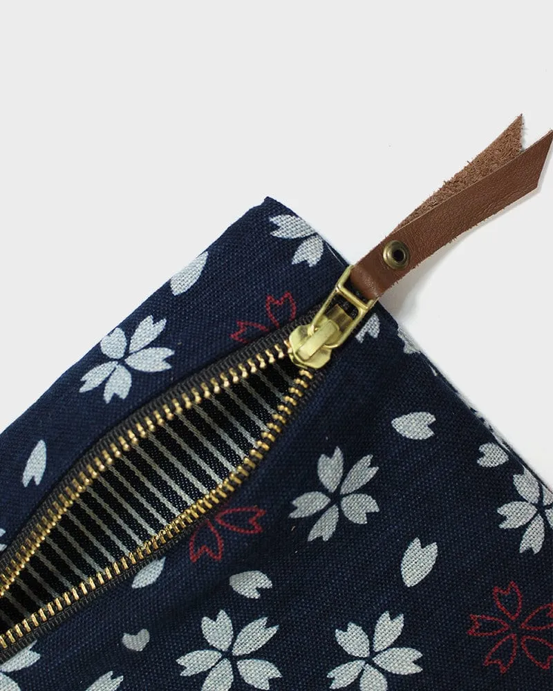 Kiriko Original Flat Zipper Pouch, Small, Dark Indigo Sakura