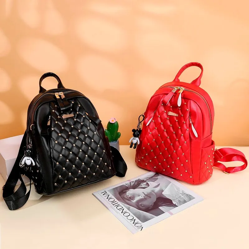 Luxury women backpack high quality leather Lozenge backpacks designer lady  Rivets travel backpack shoulder bags school bags