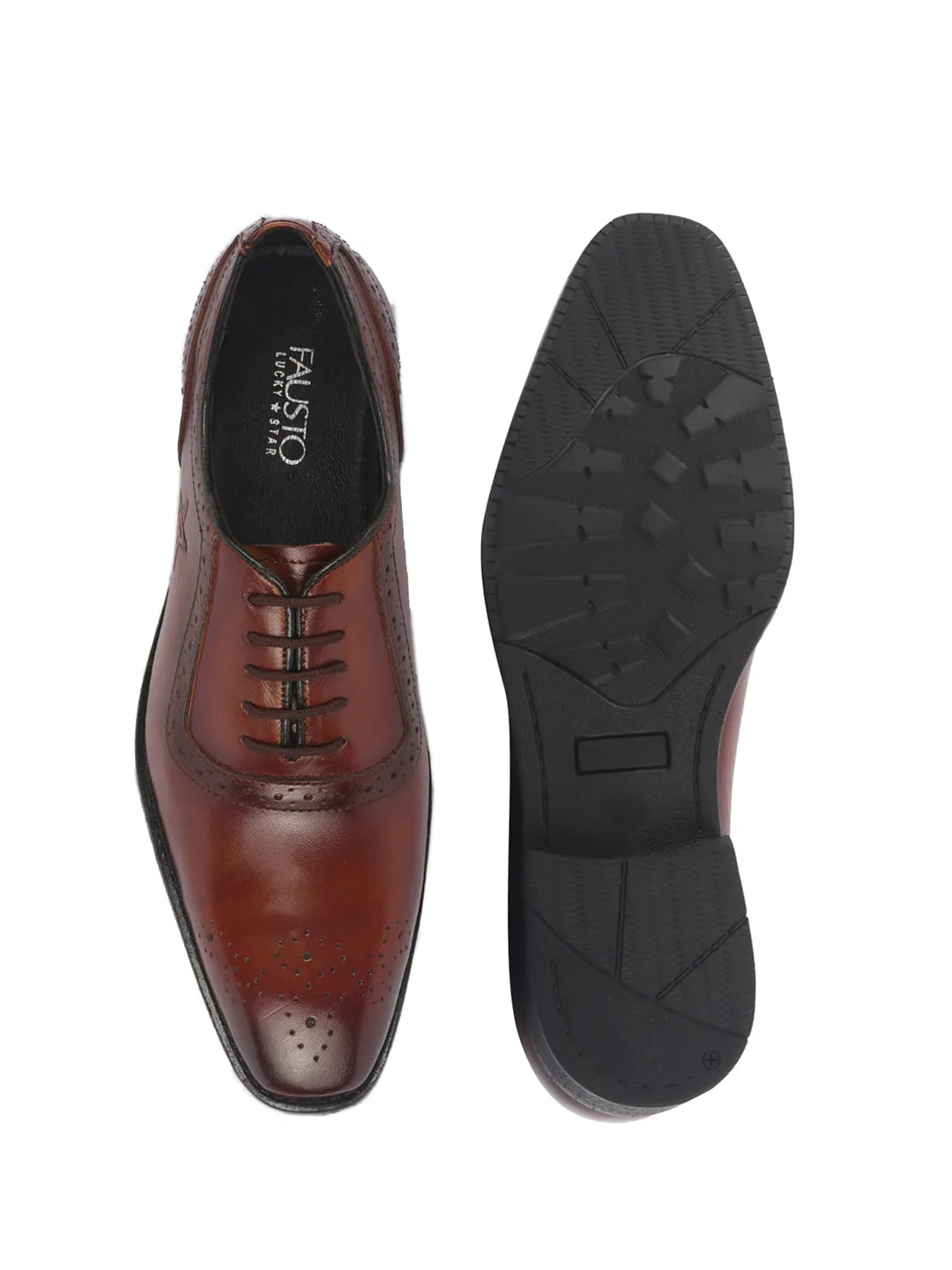 Men Tan Genuine Leather Formal Classic Lace Up Brogue Shoes for Work|Tuxedo Lace Up Shoes