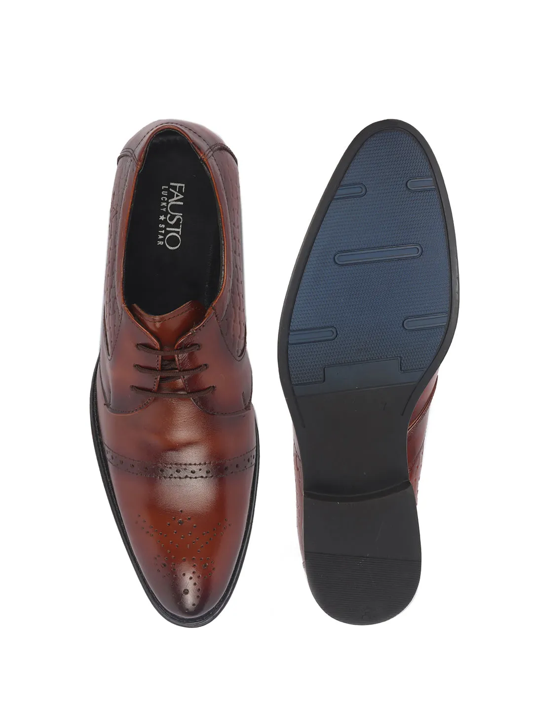 Men Tan Genuine Leather Formal Lace Up Shoes for Work|Wingtip Brogue Shoes with Anti Skid Sole