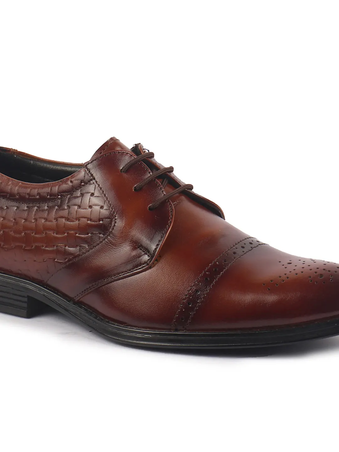 Men Tan Genuine Leather Formal Lace Up Shoes for Work|Wingtip Brogue Shoes with Anti Skid Sole