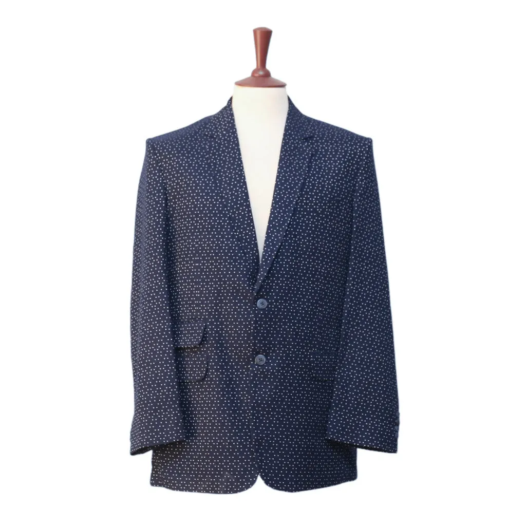 Mens Blazer Navy Blue Dots Wool 2 Button Dress Formal Suit Jacket Wedding Sport Coat 44R