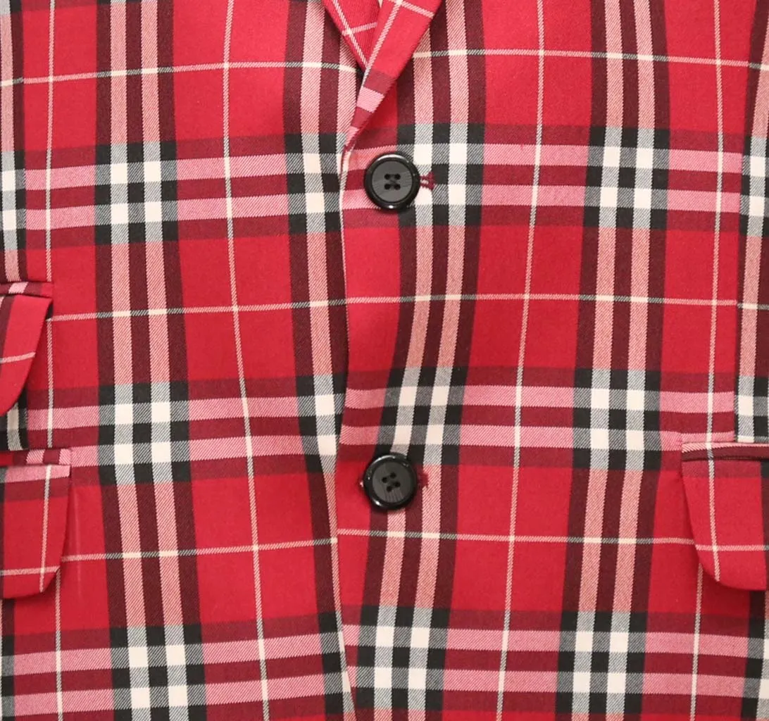 Mens Blazer Red Black White Plaid Check Wool 2 Button Dress Formal Suit Jacket Sport Coat 46R