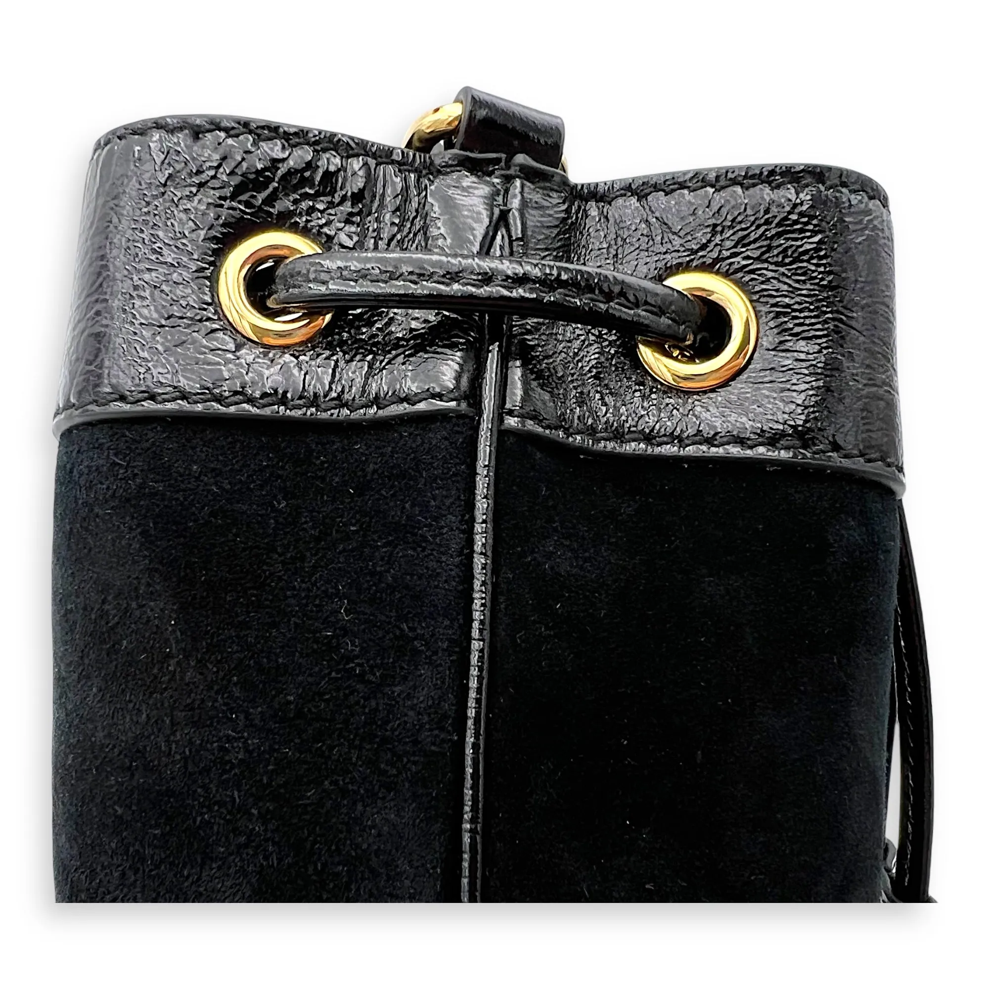 Ophidia Bucket Bag Black in Suede Leather, Gold hardware