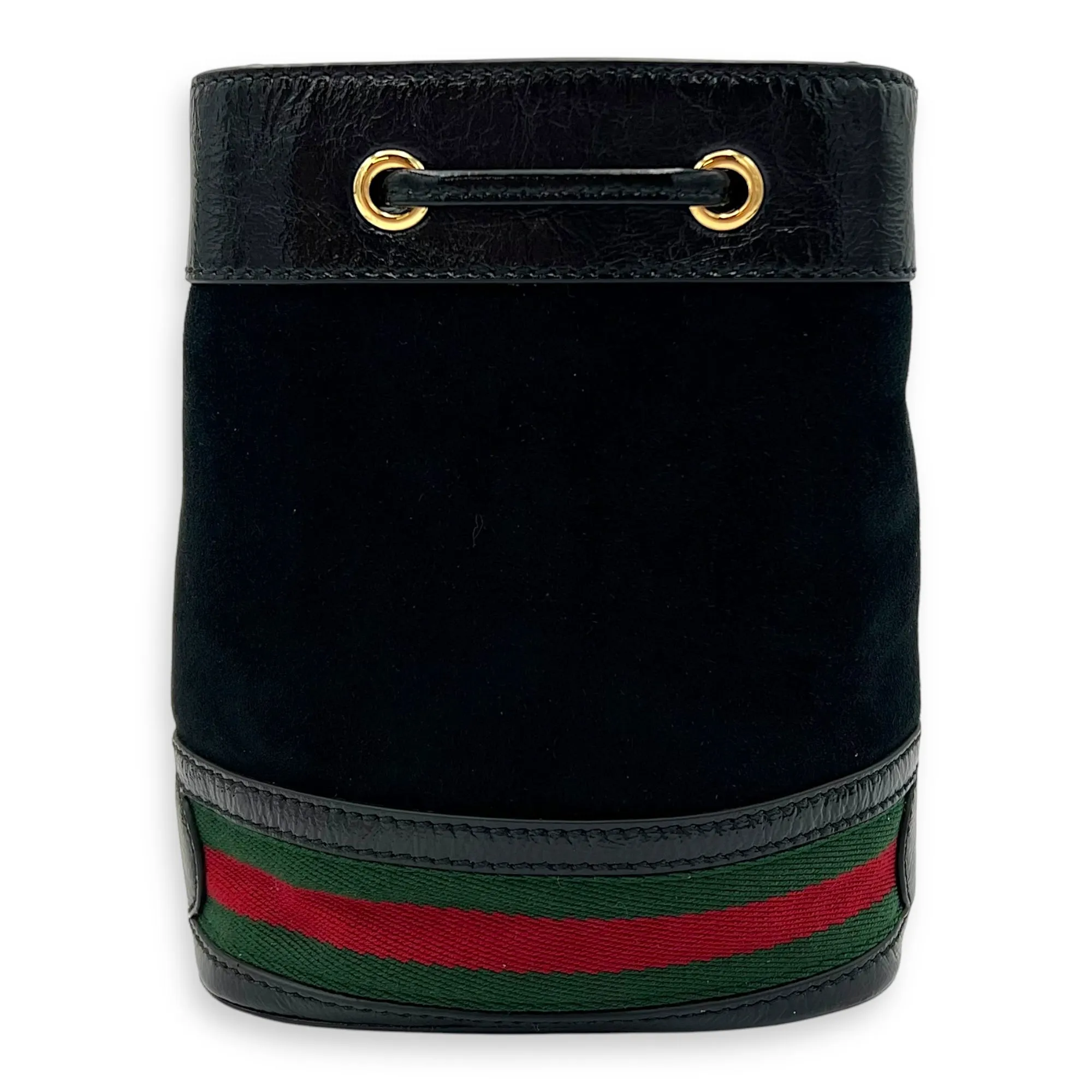 Ophidia Bucket Bag Black in Suede Leather, Gold hardware