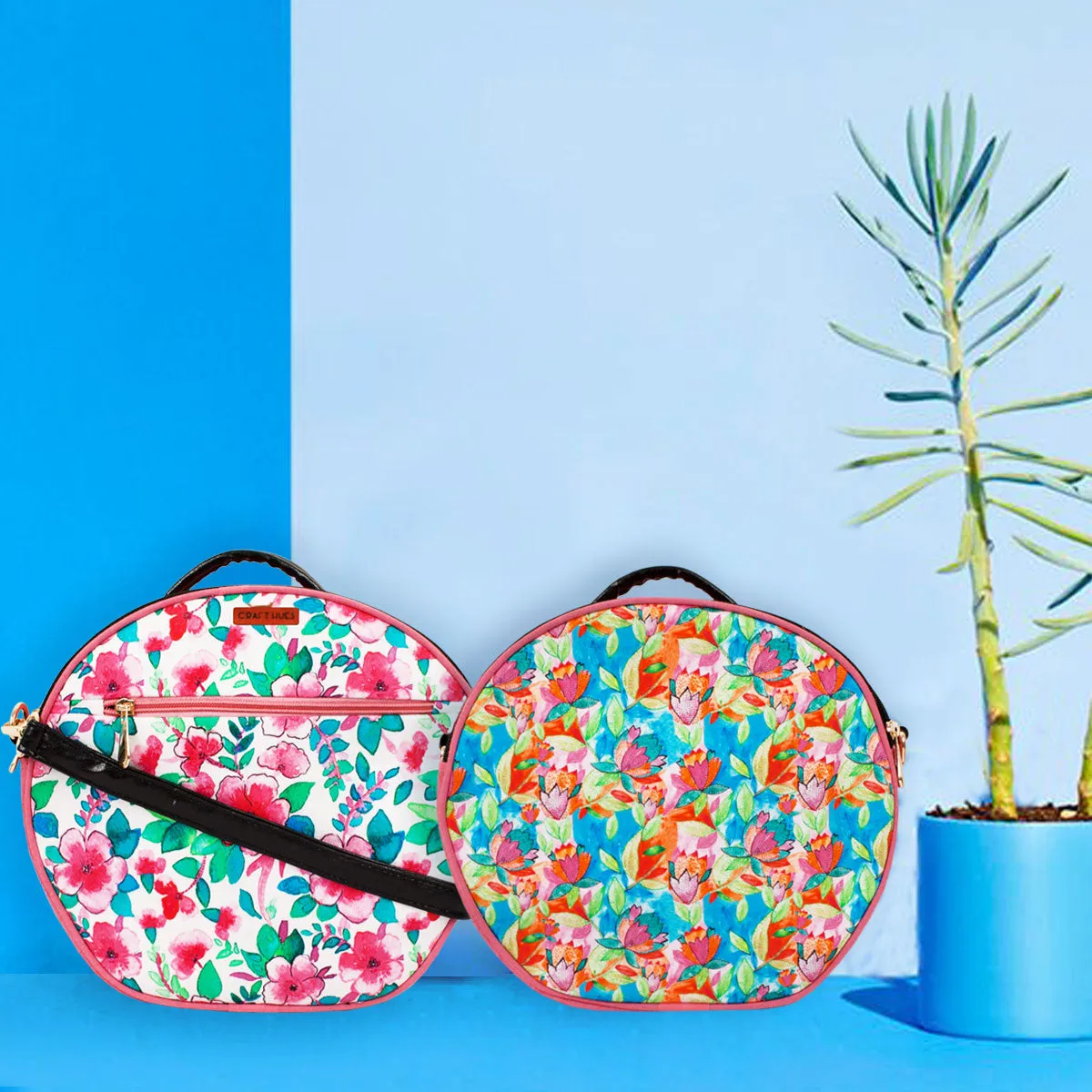 Pink Flower Double Side Print Box Sling Bag