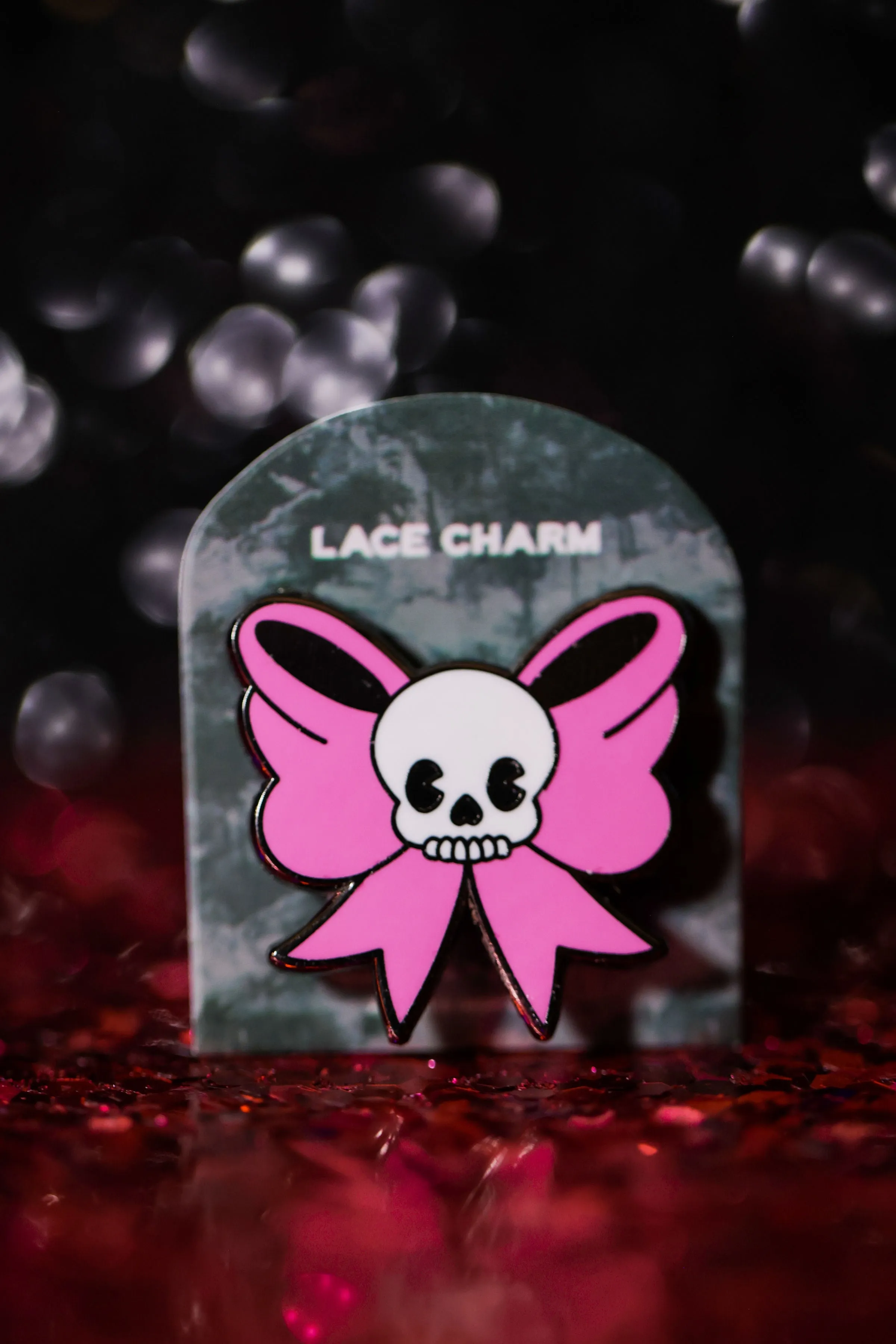Pink Skullie Bow Lace Charm - Cute Halloween Collection