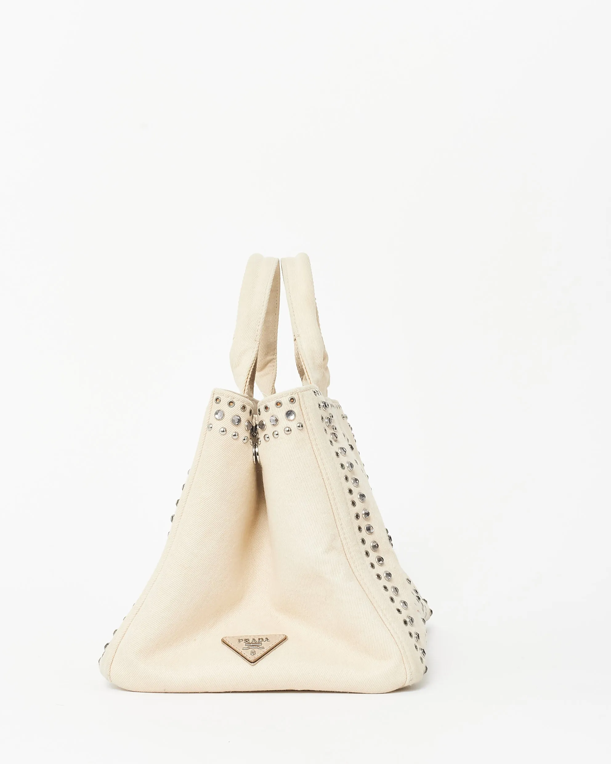 Prada Beige Bijoux Studded Canapa Tote MM