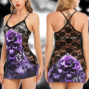 Purple Horror Skull Rose Women's Black Lace Cami Dress Babydolls Nightgowns