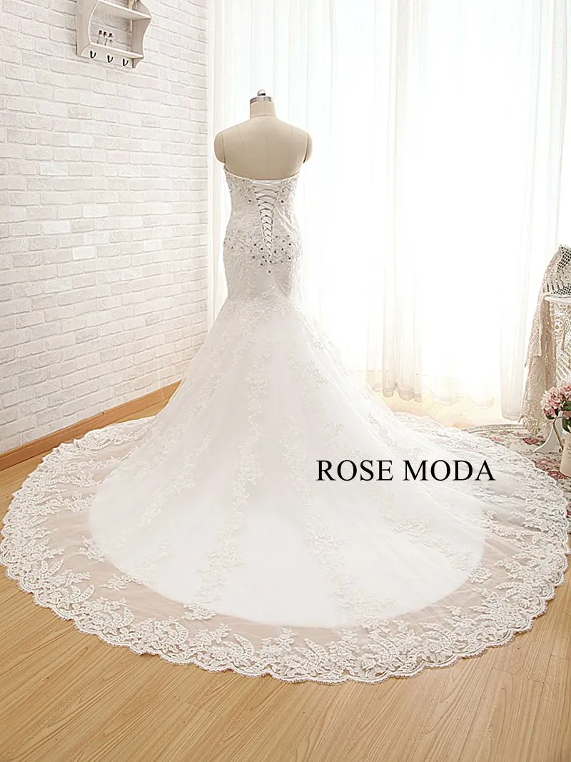 Rosemoda Luxury Chantilly Lace Mermaid Wedding Dress with Royal Train