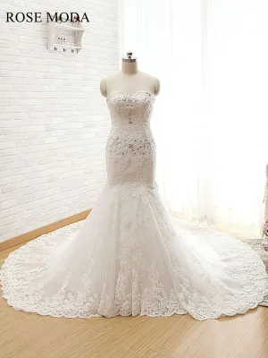 Rosemoda Luxury Chantilly Lace Mermaid Wedding Dress with Royal Train